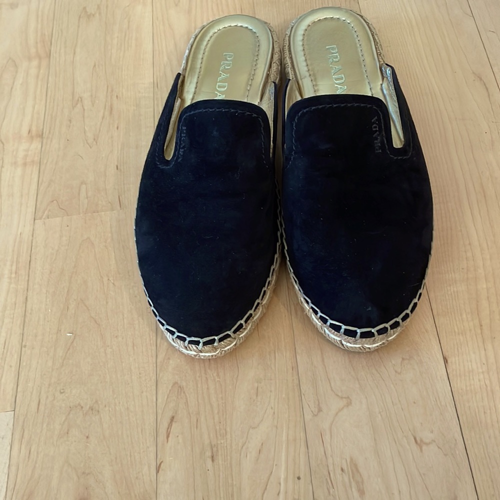 NEW PRADA Espadrille Loafer Mule Slide on Flat Shoe Black Suede 38